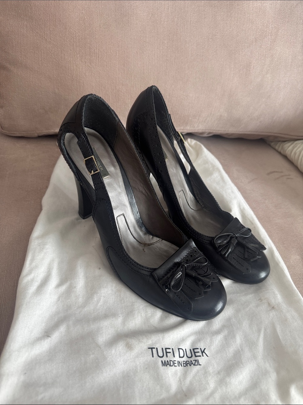 Tufi Duek Black Leather High-Heel Pumps with Tassel Accent